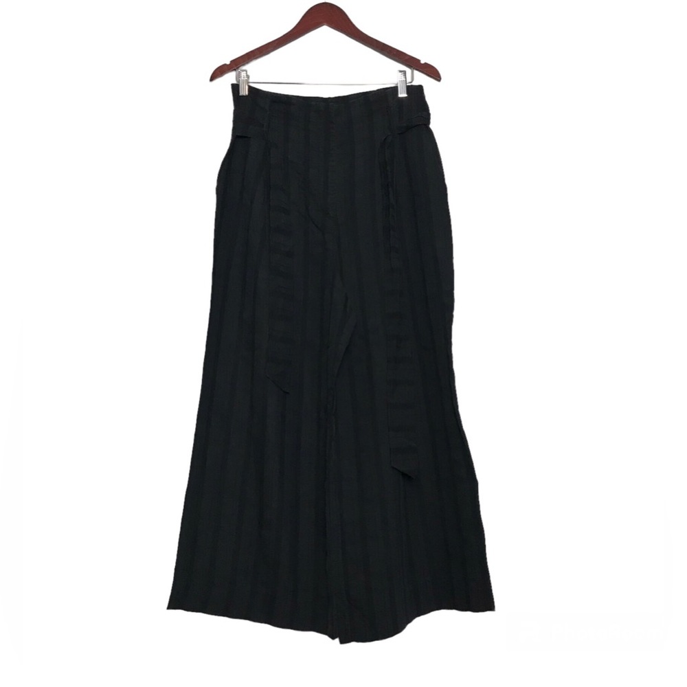 H&M Black Pinstripe Linen Blend Belted Wide Leg Cropped Pants Womens Size 8 Boho